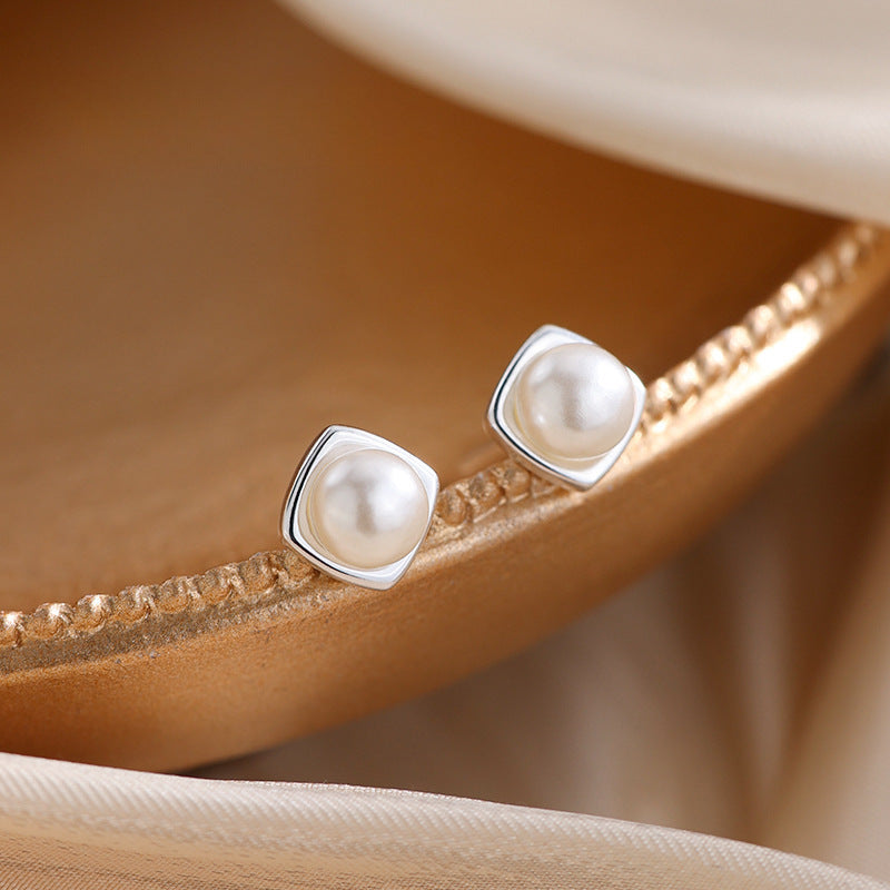 Geometric Pearl Silver Earrings