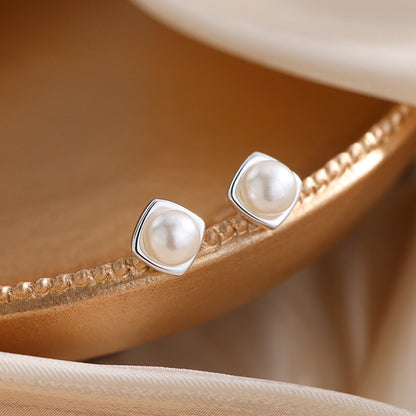 Geometric Pearl Silver Earrings