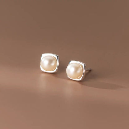 Geometric Pearl Silver Earrings